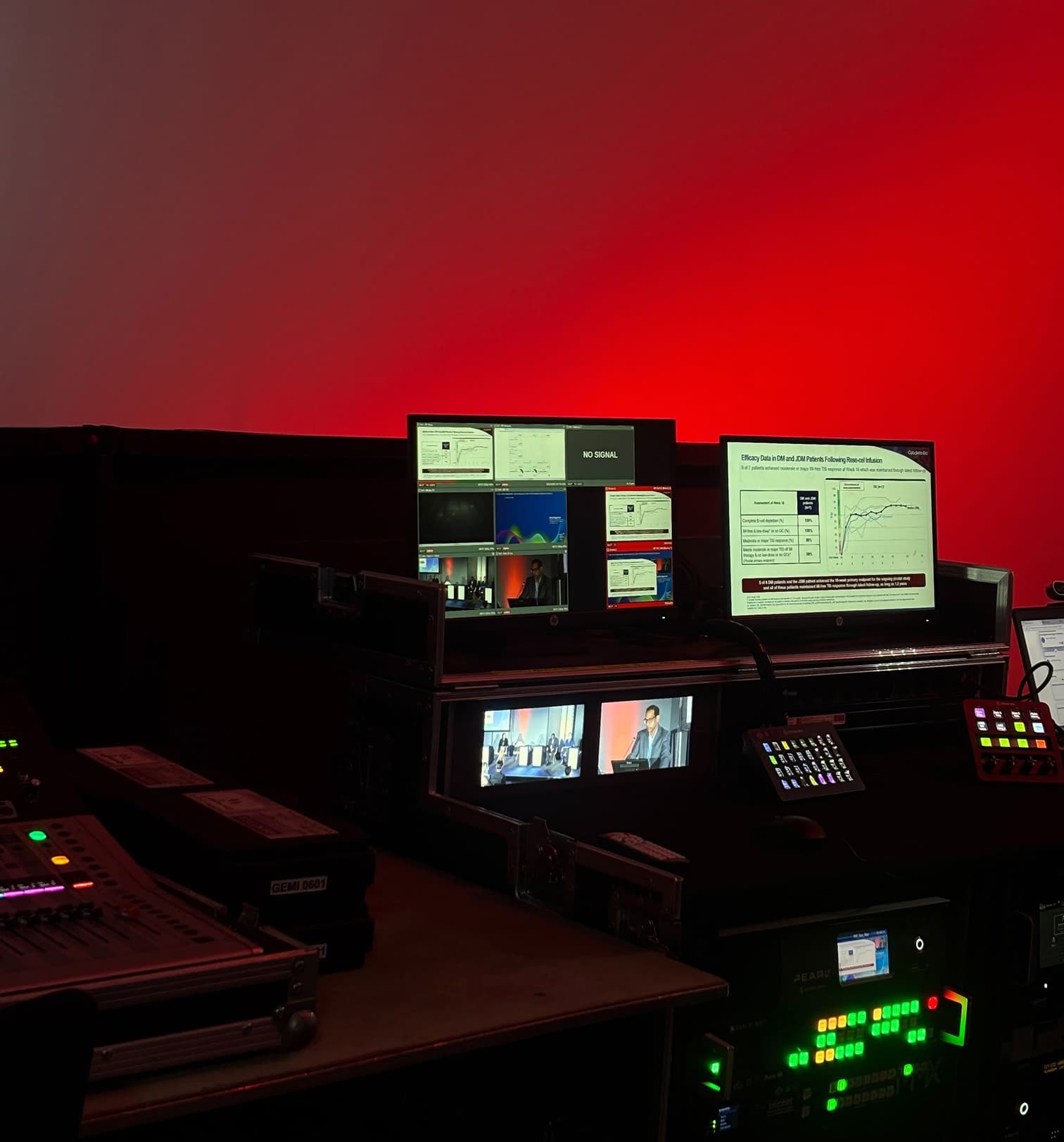 A broadcast gallery at a medical congress, with monitors showing clinical efficacy slides and a speaker on stage