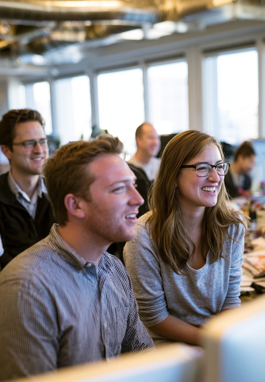 Colleagues smiling and talking in an an open-plan office