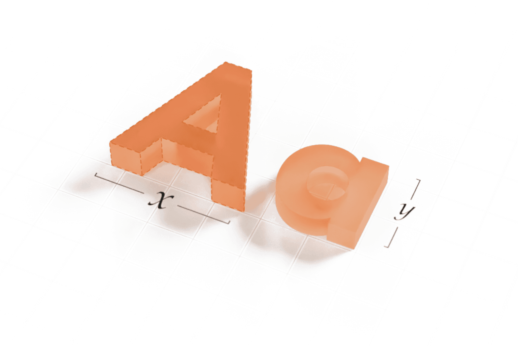 3D render of the letters A and g resting on a measurement grid, marked up with x and y dimensions